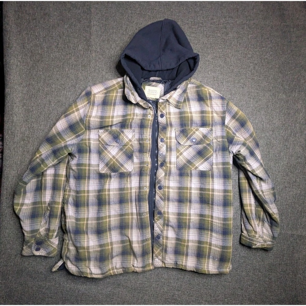 Boston Traders Hooded Flannel Jacket Mens Large Plaid Quilted Lined Warm Coat